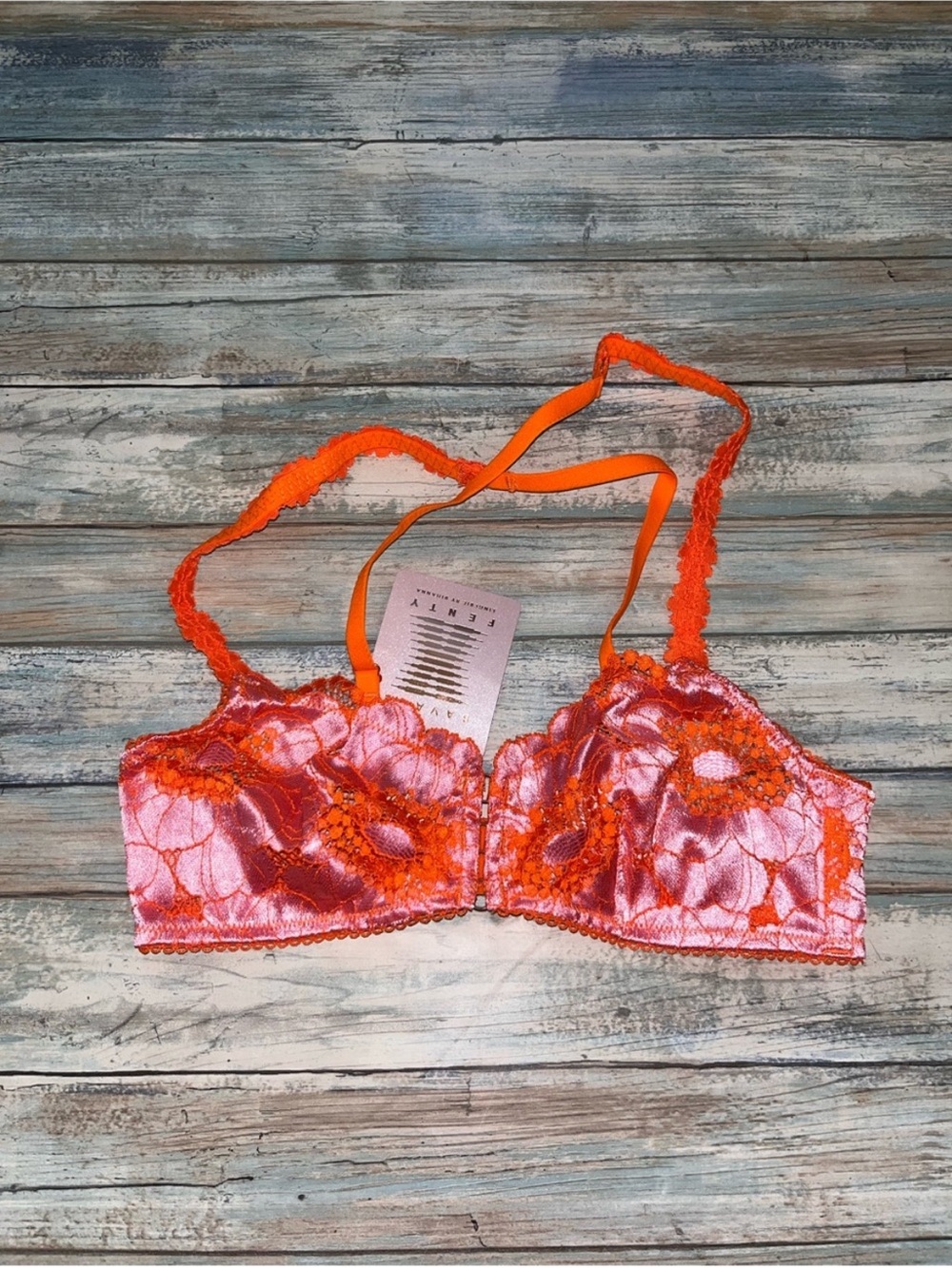 NWT Savage X Fenty Perfect Poppies Unlined Lace Demi Bra Pink Orange S - Picture 2 of 5